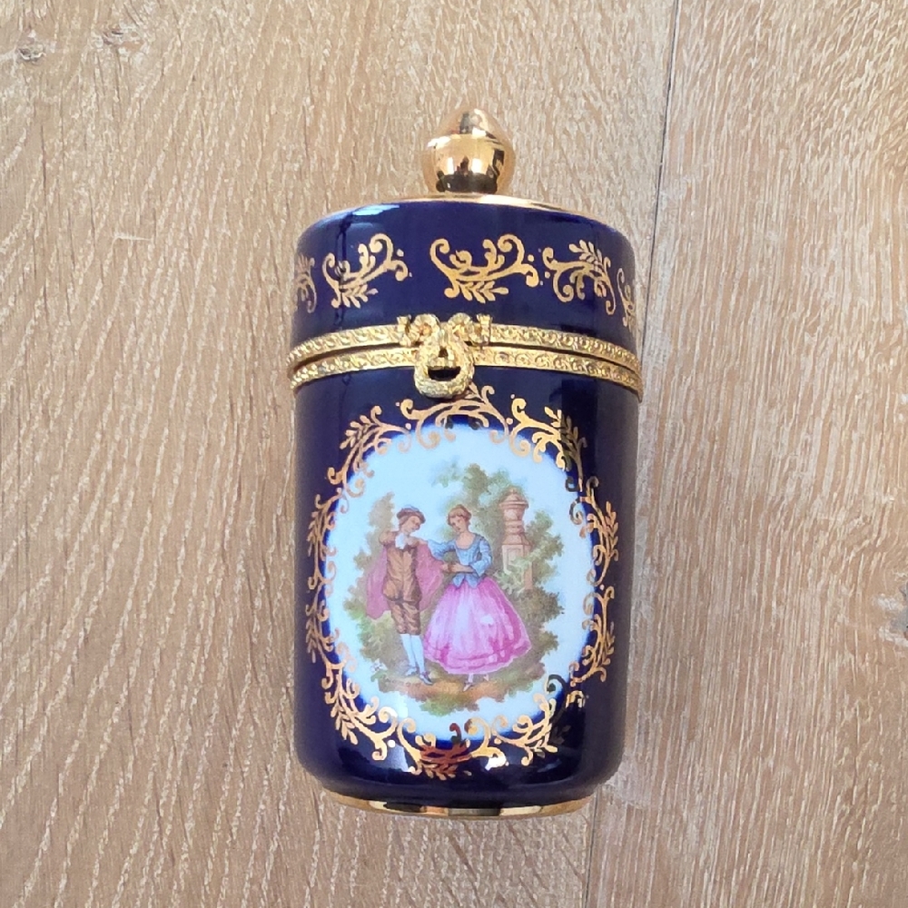 Limoges French Royal Blue and Gold Porcelain Vanity Jar With Lid